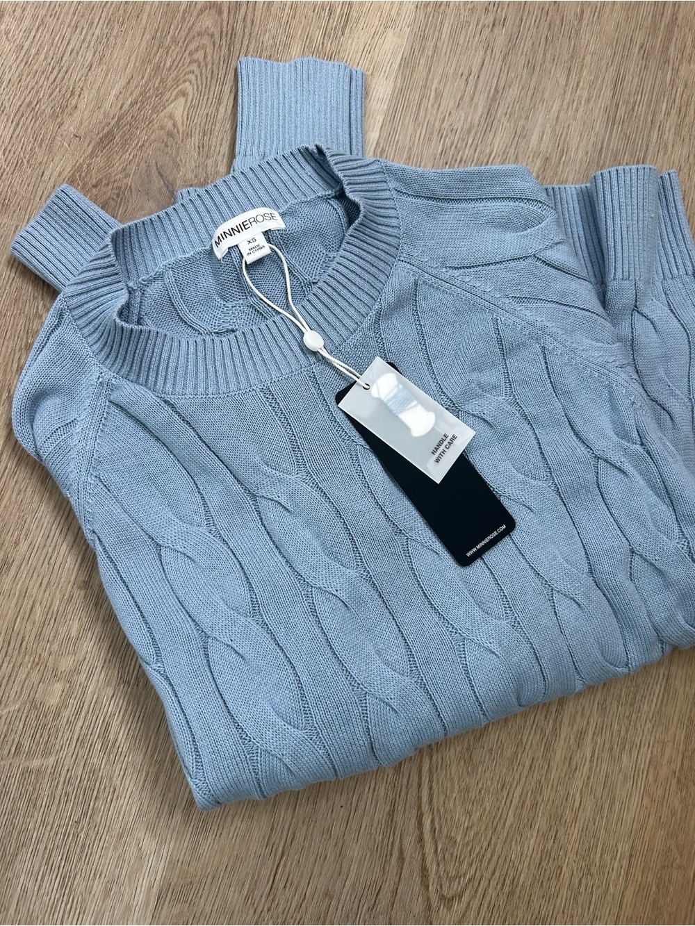 NWT Minnie Rose 100% Cotton Powder Blue Cable Knit Pullover Sweater